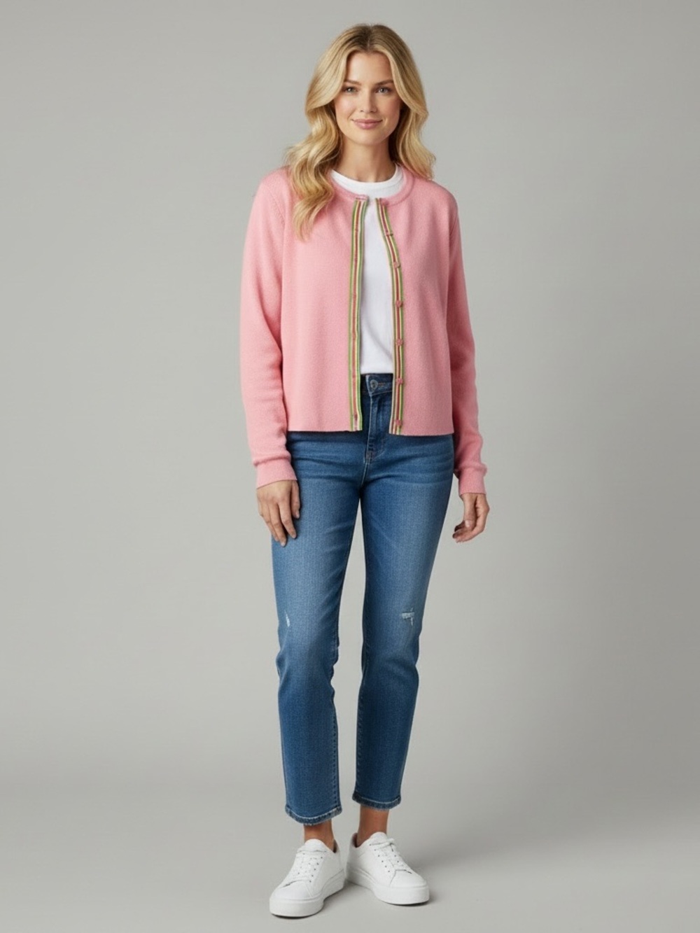 Upcycled Preppy Ribbon Crop Cardigan | Pink & Green | Noyac Knits